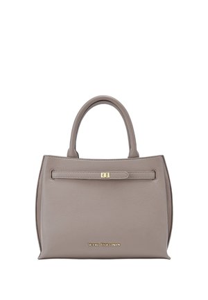 Sac à main en cuir gris texturé avec deux poignées, une sangle avant avec une fermeture dorée, et le logo "Victoria Hyde London" en lettres dorées.
