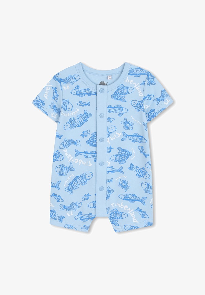 Body bleu clair à manches courtes avec un motif de poissons en bleu foncé et du texte blanc, doté d'un boutonnage à l'avant et fabriqué en coton doux.