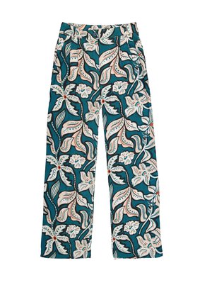 Weite Hosen aus türkisfarbenem Stoff mit einem floralen Muster in Weiß und Koralle. Verziert mit Falten und einem Knopfverschluss am Bund.