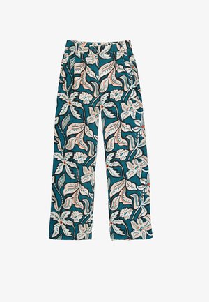 Pantalons larges en tissu teal ornés d'un motif floral blanc et corail. Détails avec des plis et une fermeture à bouton à la taille.