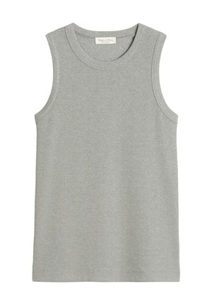 Grijze geribbelde tanktop met een ronde halslijn en zonder mouwen. De stof heeft een subtiele textuur. Etiket leest "Marc O'Polo."