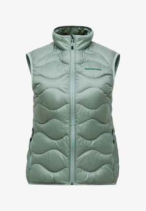 Gilet imbottito senza maniche in verde chiaro con collo alto, caratterizzato da un motivo trapuntato ondulato, cerniera frontale e due tasche laterali.