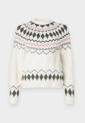 Maglione bianco a maglia con motivi geometrici neri e rosa su petto, maniche e orlo, caratterizzato da un colletto tondo e polsini a coste.