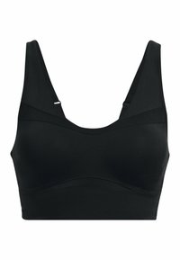 Mustleib bra, millel on laiad rihmad, sügav kaelus ja sujuv, veniv kangas ilma nähtava riistvarata.