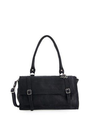 Schwarze Lederhandtasche mit zwei Schnallenriemen, einem oberen Griff und einem verstellbaren Schulterriemen vor weißem Hintergrund.