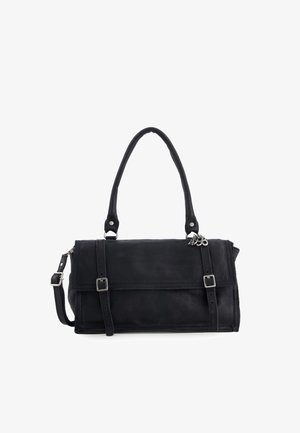 Czarna skórzana torebka z dwoma paskami z klamrami, górnym uchwytem i regulowanym paskiem na ramię, na białym tle.