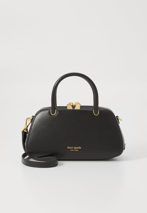 Black leather handbag with a rounded shape, gold-tone hardware, and dual handles. Features a detachable shoulder strap and logo detail.