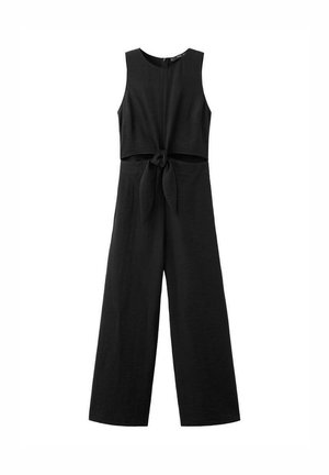 Combinaison noire sans manches avec un haut court, un nœud noué à la taille, un design à jambes larges et une texture lisse. Fermeture éclair au dos.
