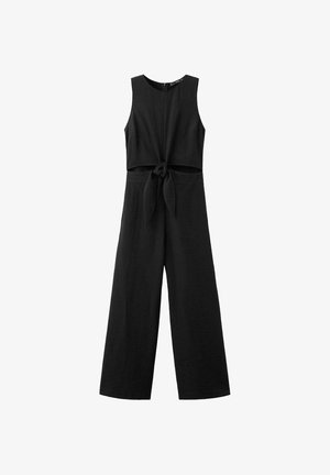 Combinaison noire sans manches avec un haut court, un nœud noué à la taille, un design à jambes larges et une texture lisse. Fermeture éclair au dos.