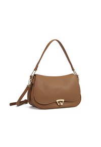Borsa a tracolla in pelle marrone con finitura testurizzata, design piatto, tracolla regolabile e una chiusura di accento in tonalità oro.