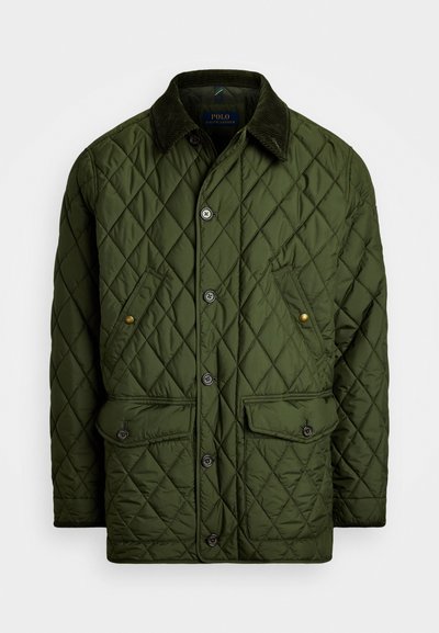 Olive green quilted jacket with button closure, two front pockets, corduroy collar, and diamond pattern throughout.