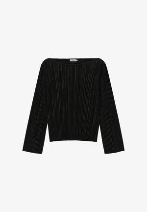 Haut plissé noir à manches longues, décolleté large et tissu texturé. Le design court met en valeur les lignes verticales pour une apparence élancée.