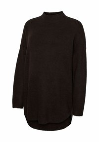 Mørkebrun striktrøje med høj hals, lange ærmer og en let forlænget bagkant; har ribbede manchetter og kant.