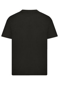 Zwart T-shirt met korte mouwen van katoen. Heeft een ronde hals en een effen, gladde textuur zonder zichtbare logo's of patronen.