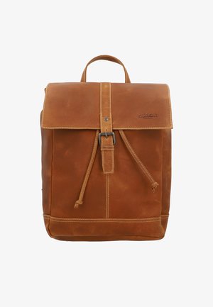 Pruun nahast seljakott, millel on pealmine klapp, pandlaga rihm, tõmblukuga sulgumine ja kandekäepide, peal on reljeefne "Gustaf Leder studio" logo.