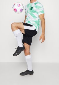 Grön och vit mönstrad fotbollströja, svarta shorts, vita strumpor och svarta fotbollsskor. Fotbollen har färgglada hexagonala mönster.