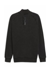 Sort sweatshirt med lange ærmer, ribbede manchetter, krave og kant. Den har et lodret rektangulært mærke på den øverste del af ryggen.
