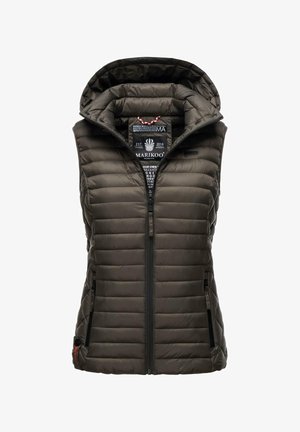 Ciemnooliwkowa pikowana kamizelka puchowa z kapturem, z poziomym pikowaniem, zamkiem błyskawicznym z przodu oraz bocznymi kieszeniami z czarnymi akcentami.