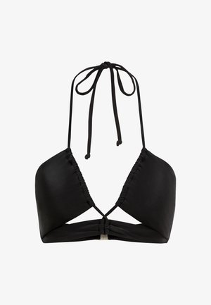 Schwarze Bikinioberteil mit dreieckigen Cups, raffung und verstellbaren Bindeträgern. Glatte Textur mit einem minimalistischen Design.