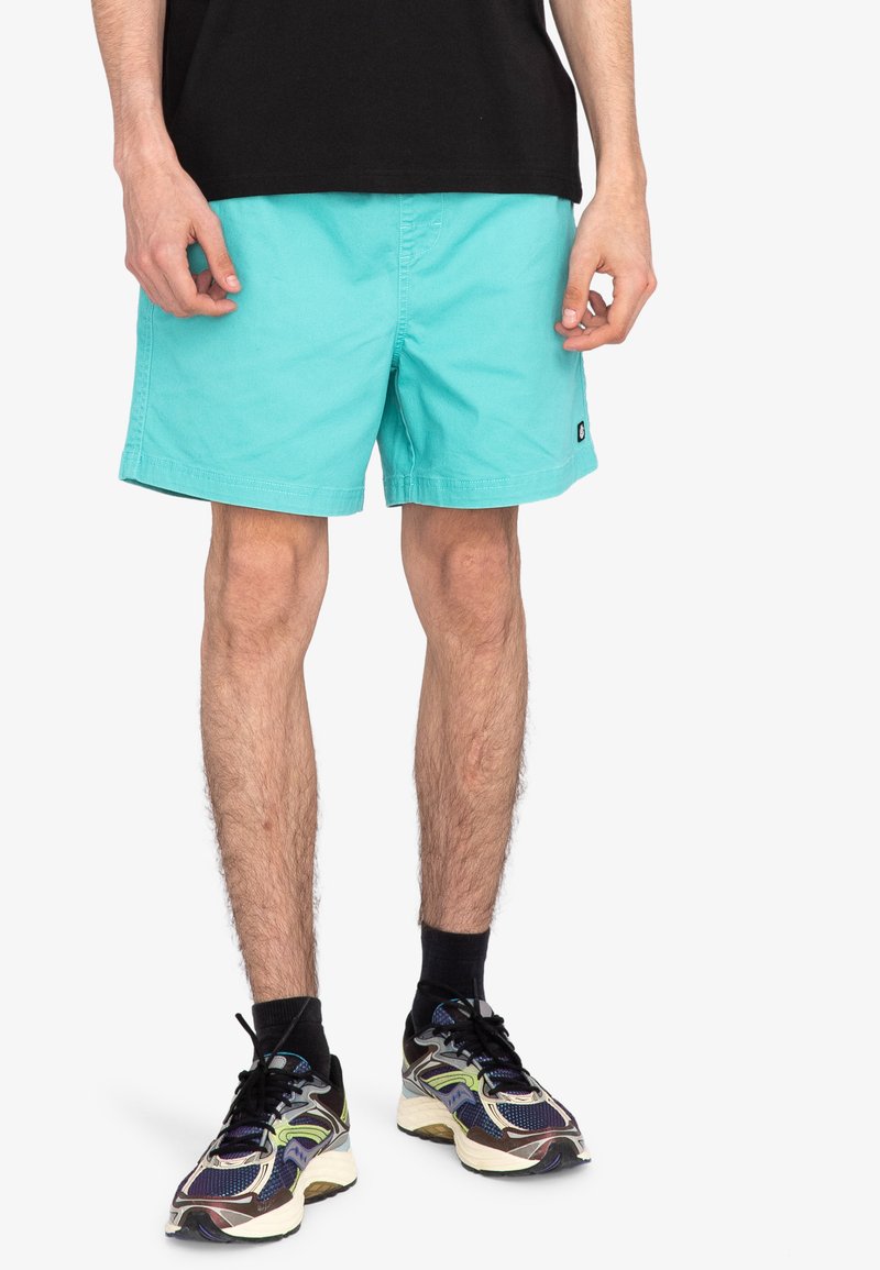 Shorts de bain turquoise en tissu léger, avec une taille élastique et des poches latérales. Portés avec des chaussettes noires et des baskets multicolores.
