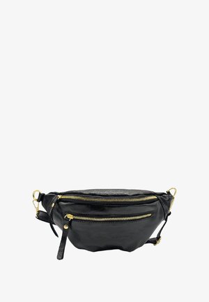 Sac banane en cuir noir avec deux fermetures éclair dorées. Il présente une forme arrondie et une surface texturée, avec une sangle réglable et des accessoires dorés.
