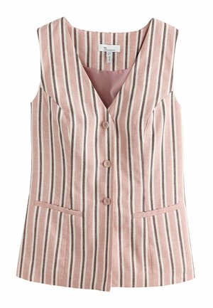 Vestă roz fără mâneci cu dungi verticale albe și maro, trei nasturi în față și două buzunare cu margini, având un guler în V.