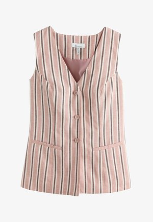 Varrukateta roosa vest vertikaalsete valgete ja pruunide triipudega, ees kolm nuppu ja kaks welt-taskut, V-kaelusega kraega.