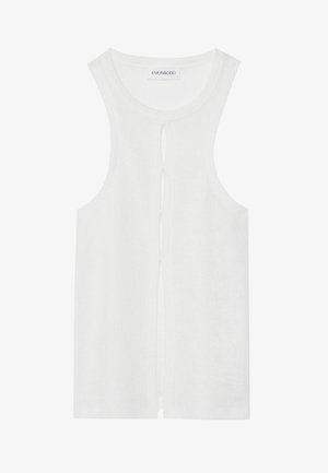 Balta bez piedurknēm topa ar ribota raksta, kas ir ar apaļu izgriezumu un izgriezumu centrā priekšā. Mīksts auduma materiāls.