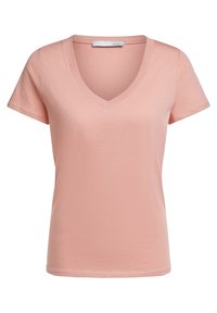 Krótki różowy bawełniany t-shirt z dekoltem w kształcie litery V, krótkimi rękawami i gładką teksturą, z dyskretną metką przy dekolcie.