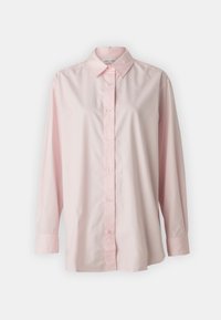 Light pink long-sleeve button-up shirt made of smooth cotton, featuring a classic collar, front button closure, and a relaxed fit.