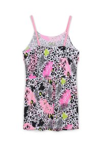 Abito senza maniche con corpetto aderente e gonna svasata, caratterizzato da un vivace motivo floreale e leopardato in rosa, verde e nero su tessuto grigio chiaro.