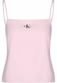 Gaiši rozā topiņš ar regulējamām plānām siksnām un melnu logo priekšpusē ar uzrakstu "Calvin Klein Jeans". Gluda, viegla auduma.