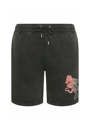 Shorts noirs décontractés avec taille à cordon et motif de dragon rouge et gris sur la partie inférieure de la jambe droite.