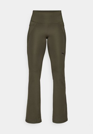 Olive green athletic pants with a high waistband, smooth texture, flared legs, and a subtle logo on the left side. Featuring two side pockets.