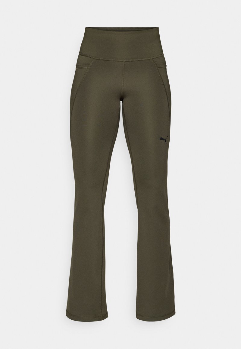 Pantalons de sport vert olive avec une taille haute, texture lisse, jambes évasées et un logo discret sur le côté gauche. Dotés de deux poches latérales.
