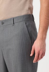 Graue Nadelstreifen-Hose aus gewebtem Stoff, mit flachem Vorderteil, Gürtelschlaufen und einer Seitentasche. Druckknopfverschluss an der Taille.