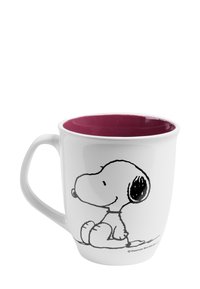 Tazza in ceramica bianca con interno viola. Presenta un disegno a linea nera di un cane dei cartoni animati su un lato. Forma arrotondata, manico robusto.