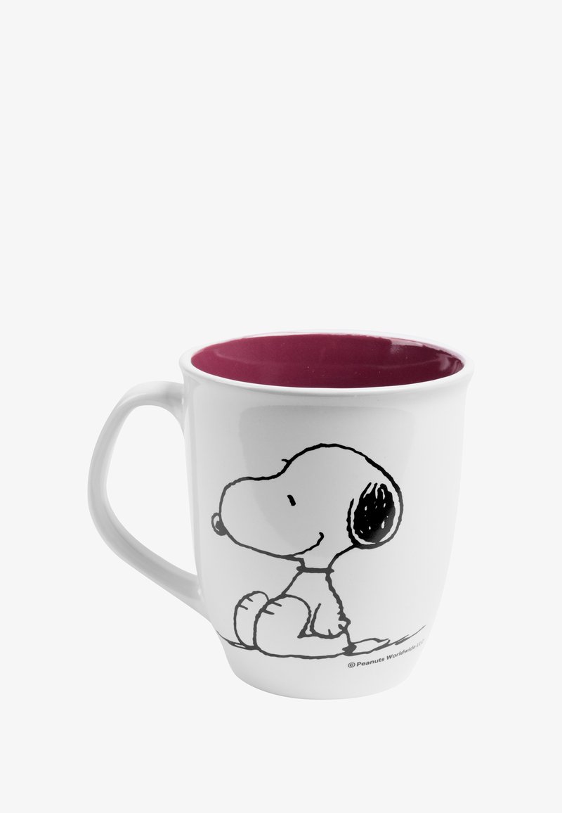 Tazza in ceramica bianca con interno viola. Presenta un disegno a linea nera di un cane dei cartoni animati su un lato. Forma arrotondata, manico robusto.