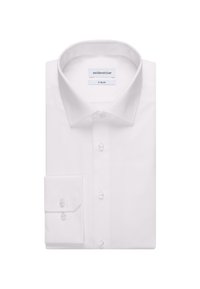 Chemise blanche à manches longues pliée soigneusement avec un col pointu et des poignets boutonnés, étiquetée X-Slim par la marque Seidensticker.