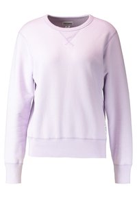 Lila sweatshirt i texturerat tyg, med klassisk rund halsringning, långa ärmar och ribbade muddar och nederkant. Liten etikett på sidan.