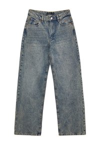 Jeans flare in denim blu con vita alta, cinque tasche e una leggera finitura sbiadita. Presentano un bottone in metallo e passanti per cintura.