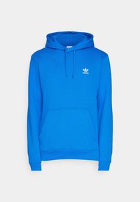 Modrá mikina z bavlněné směsi s klokaní kapsou, kapucí na šňůrku a bílým logem adidas na levé horní části hrudi.