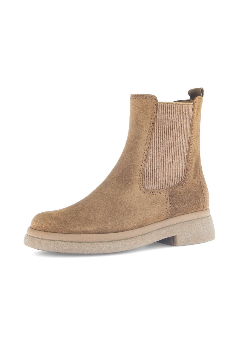 Bruine suède enkellaars met zij-elastische panelen, textuur van corduroy accenten en een dikke rubberen zool voor extra ondersteuning en comfort.