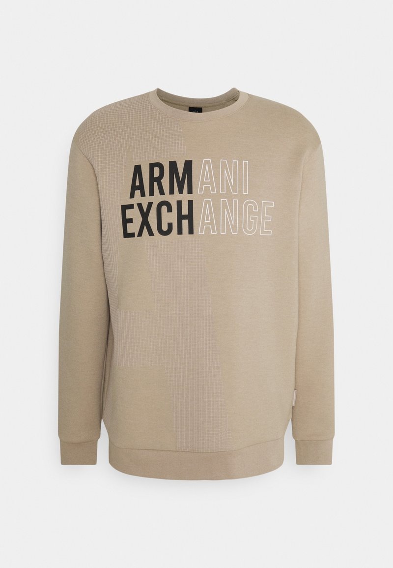 Maglione beige con grande testo nero e bianco "ARMANI EXCHANGE", motivo testurizzato su un lato e polsini e scollatura a costine.