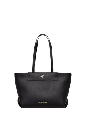 Czarna torba typu tote Armani Exchange z dwoma paskami na ramię i złotym napisem logo z przodu.