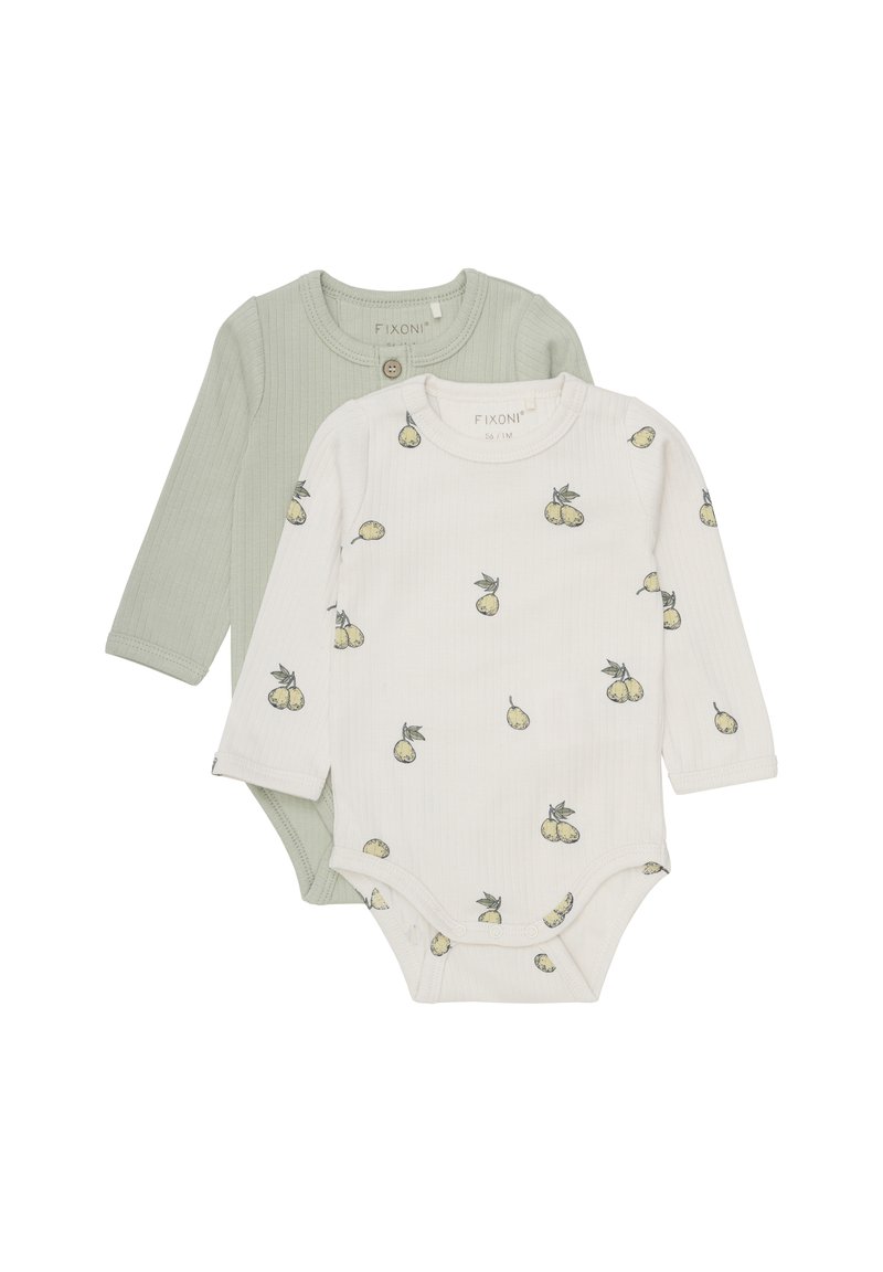 Dwa body dla niemowląt z długimi rękawami: jedno w jasnym zielonym, prążkowanym materiale, a drugie białe w małe żółte wzory gruszek. Oba wyposażone w zatrzaski.