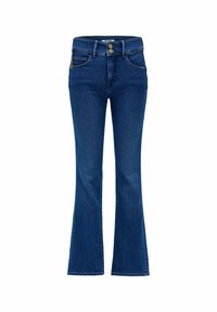 Granatowe dżinsy typu flare z wysokim stanem, z dwoma przednimi kieszeniami, dwiema tylnymi kieszeniami oraz złotymi guzikami. Klasyczna tekstura denimu.