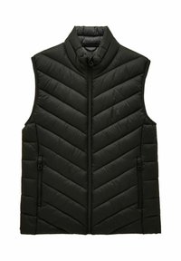Čierna prešívaná bezrukávová vesta s vysokým golierom, predným zipsom a zipsovými bočnými vreckami, s ozdobným švom v tvare chevron.
