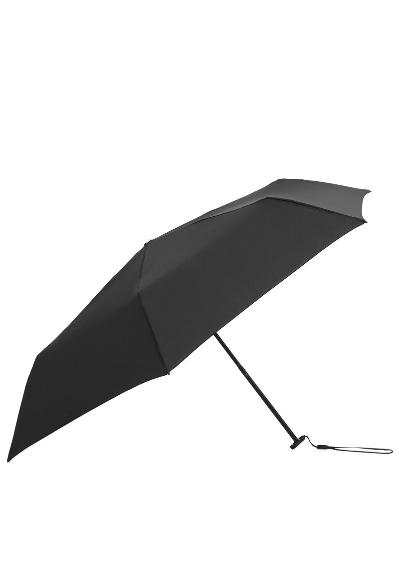 Ombrello nero con una parte superiore curva, realizzato in tessuto con finitura matte. Presenta un manico dritto e un cinturino per il polso per una facile portabilità.