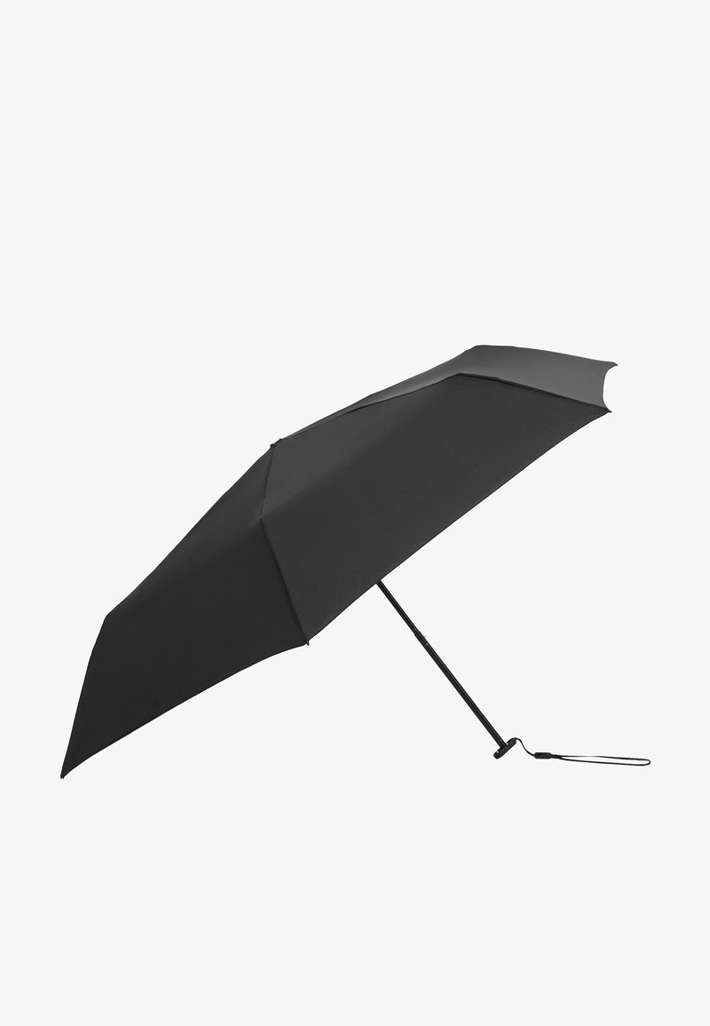 Ombrello nero con una parte superiore curva, realizzato in tessuto con finitura matte. Presenta un manico dritto e un cinturino per il polso per una facile portabilità.